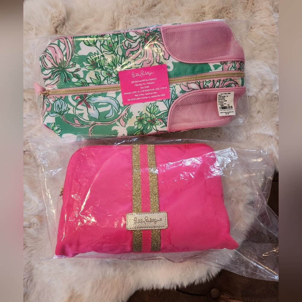 New Lilly Pulitzer Pink & Green Double Cosemetic Pouch And Shoe Bag Set